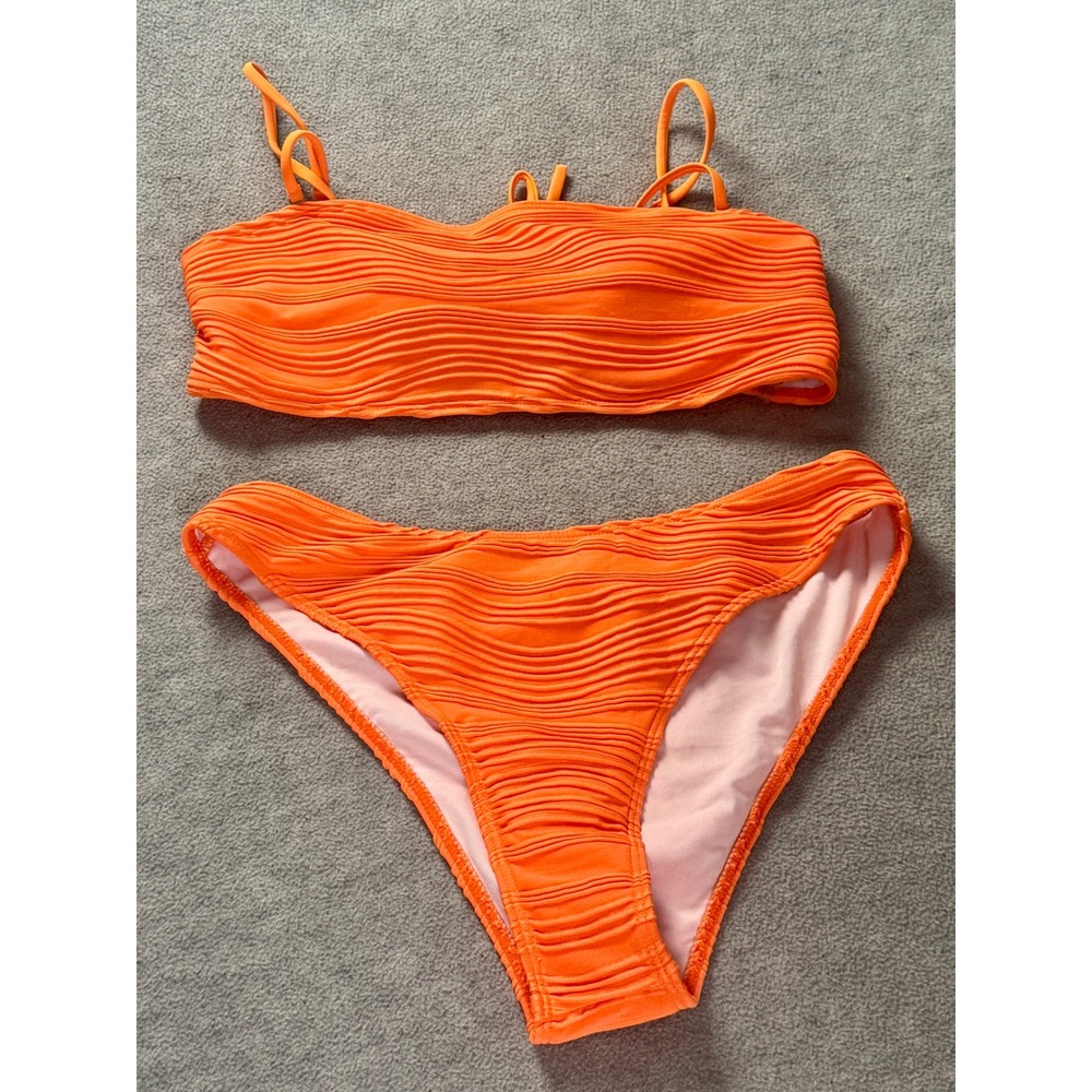 Zaful Orange Textured Wavy Ripple Bikini Set Bandeau Lace Up Back US 6